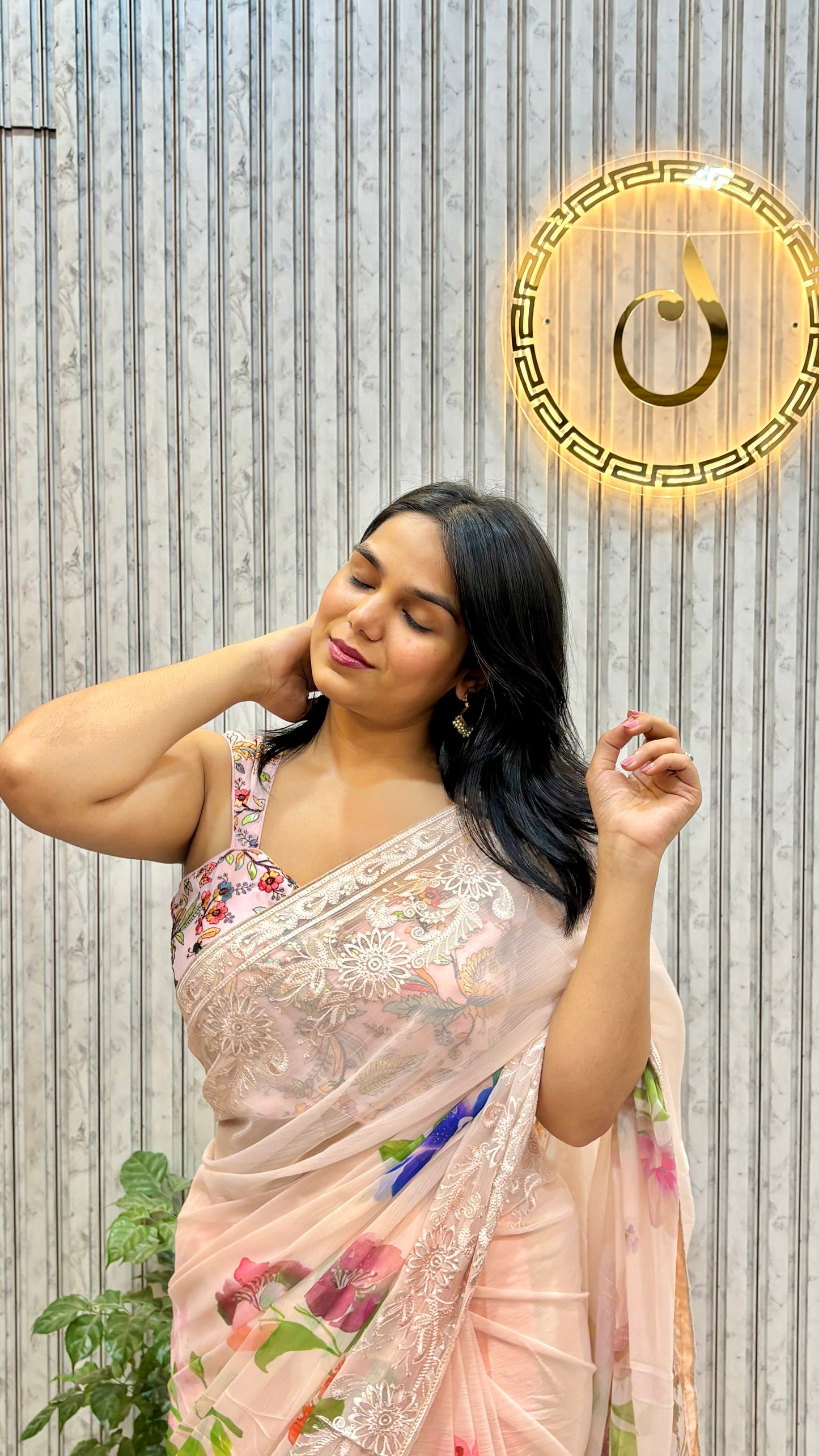 Pale Peach Floral Printed Chiffon Saree With Chikankari Borders