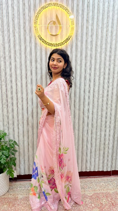Pale Pink Floral Printed Chiffon Saree With Chikankari Borders