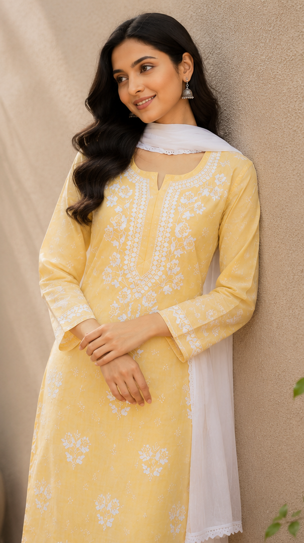 Niha Butter Yellow Soft Cotton Mulmul Chikankari Kurti & Palazzo Set