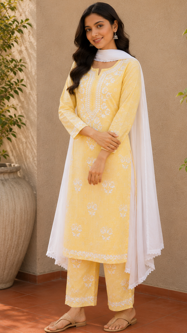 Niha Butter Yellow Soft Cotton Mulmul Chikankari Kurti & Palazzo Set
