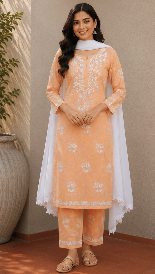 Niha Almond Brown Soft Cotton Mulmul Chikankari Kurti & Palazzo Set
