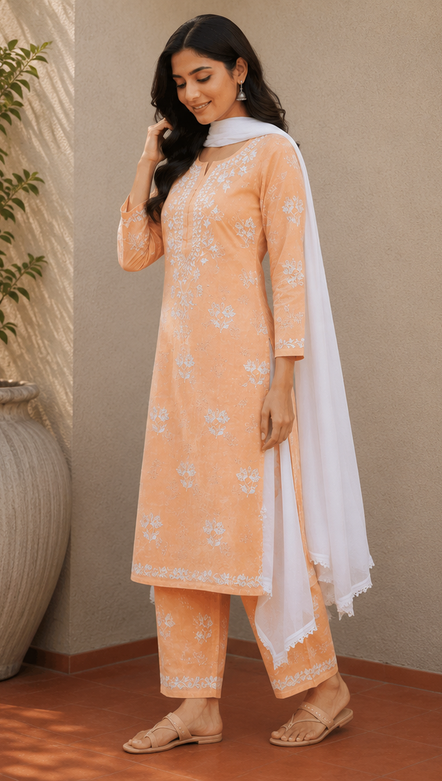 Niha Almond Brown Soft Cotton Mulmul Chikankari Kurti & Palazzo Set