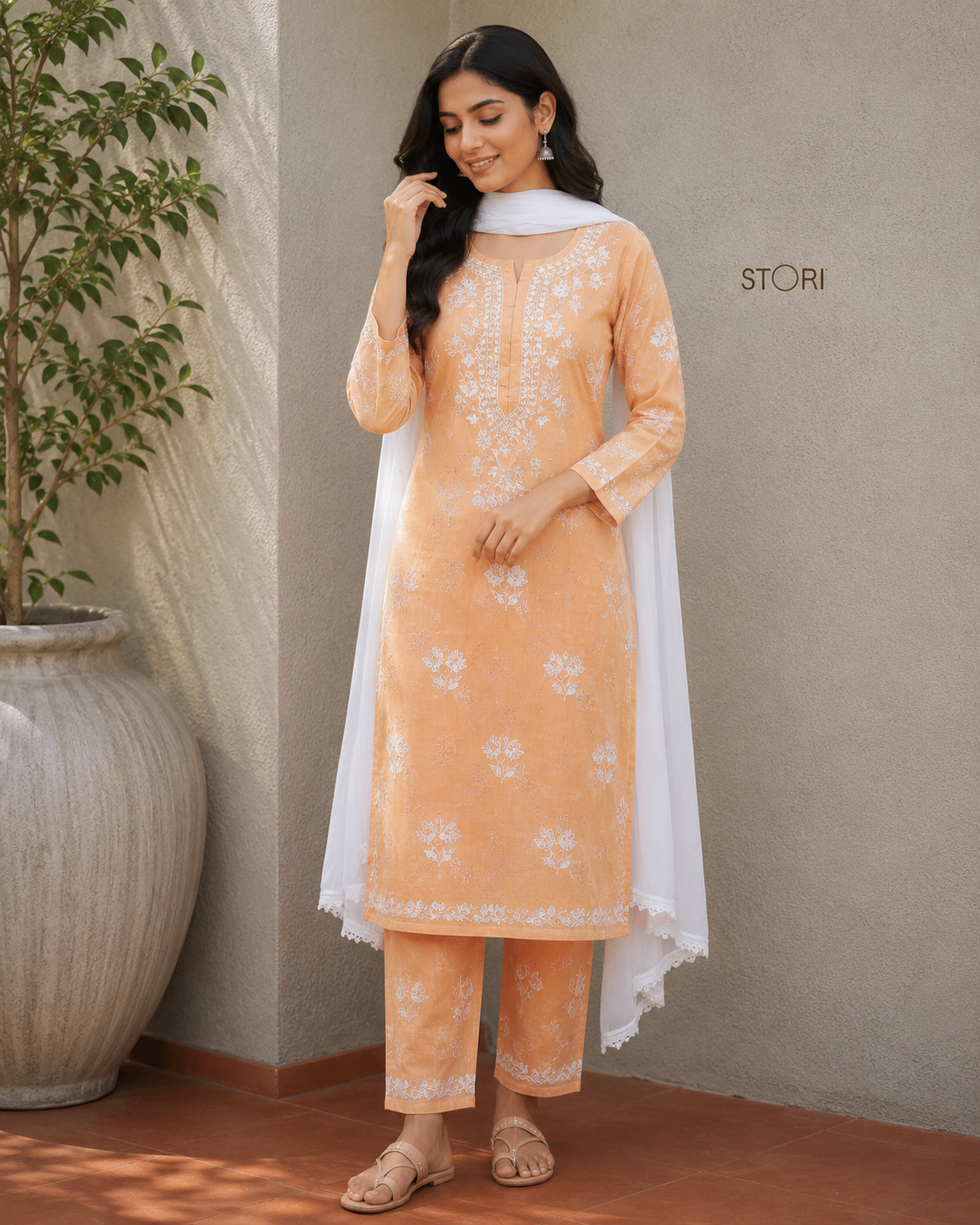 Niha Almond Brown Soft Cotton Mulmul Chikankari Kurti & Palazzo Set