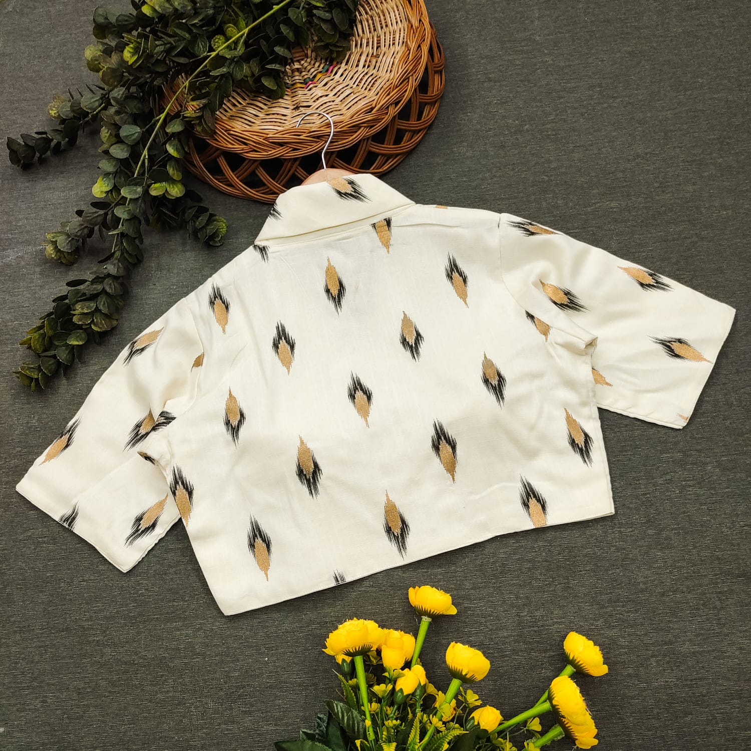 Ikkat Slub Cotton Crop Top / Collar Blouse