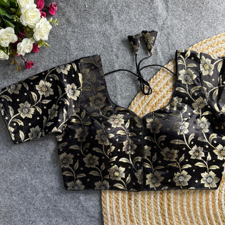 Black Daisy Shimmer Jacquard Silk Designer Blouse
