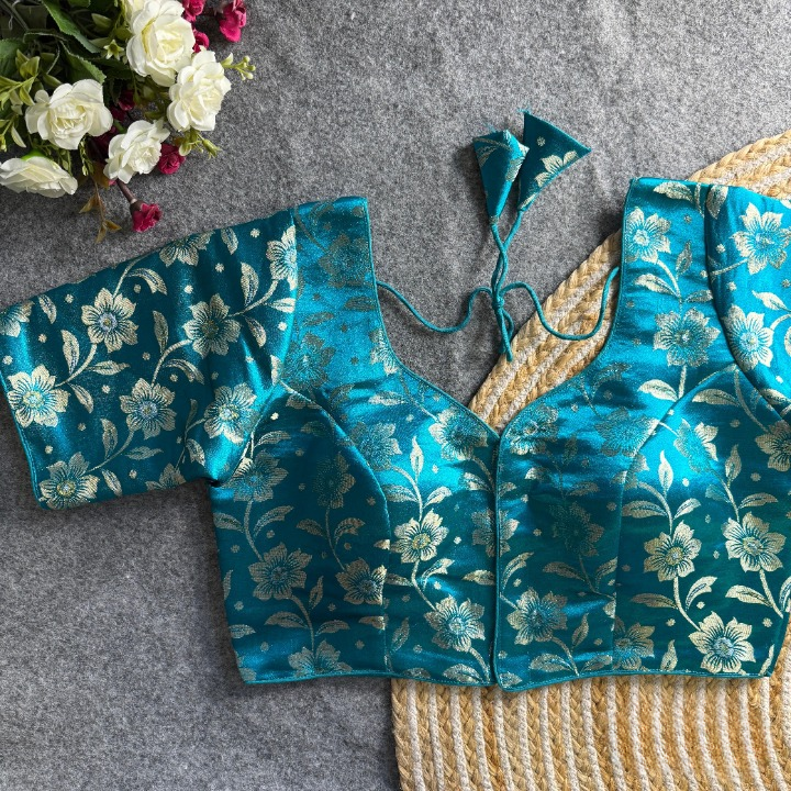 Rama Green Daisy Shimmer Jacquard Silk Designer Blouse