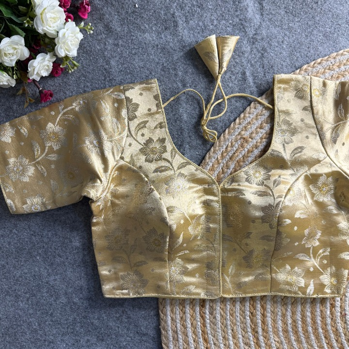 Gold Daisy Shimmer Jacquard Silk Designer Blouse