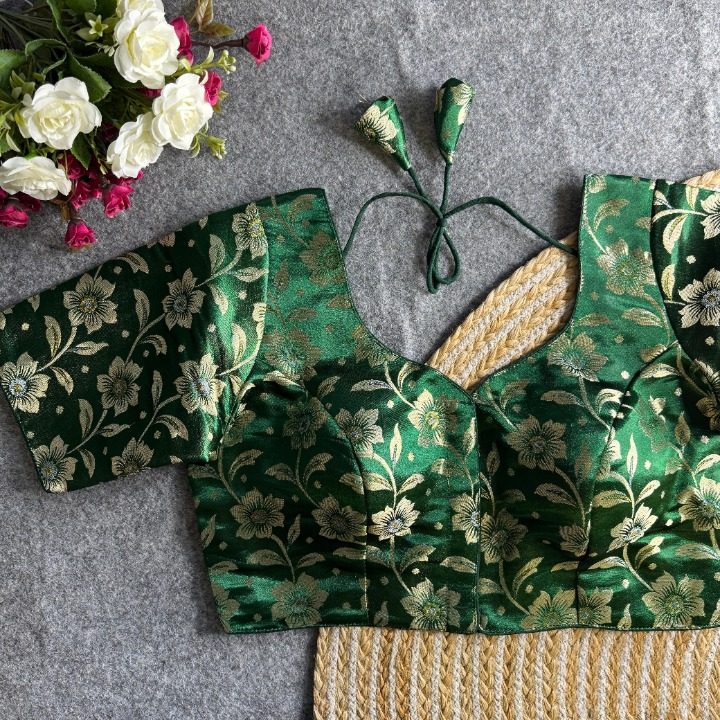 Green Daisy Shimmer Jacquard Silk Designer Blouse