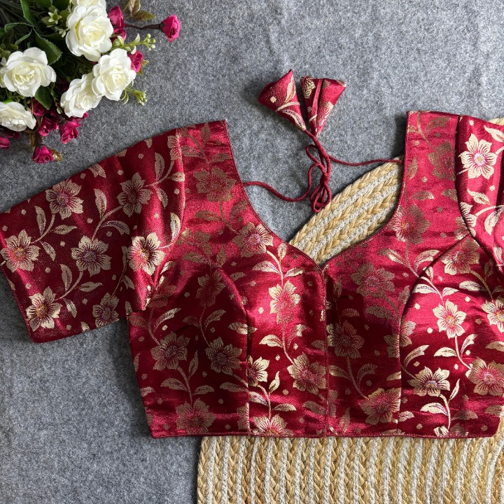 Maroon Daisy Shimmer Jacquard Silk Designer Blouse