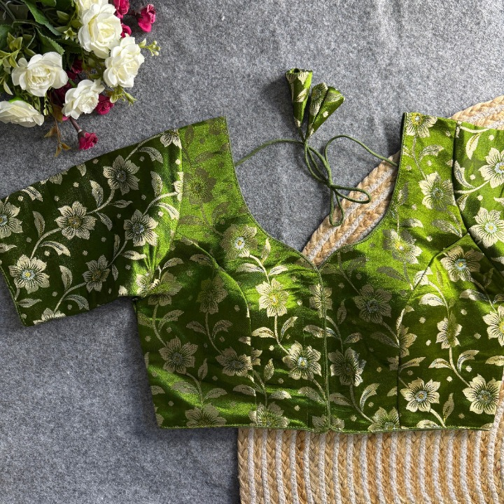 Olive Green Daisy Shimmer Jacquard Silk Designer Blouse