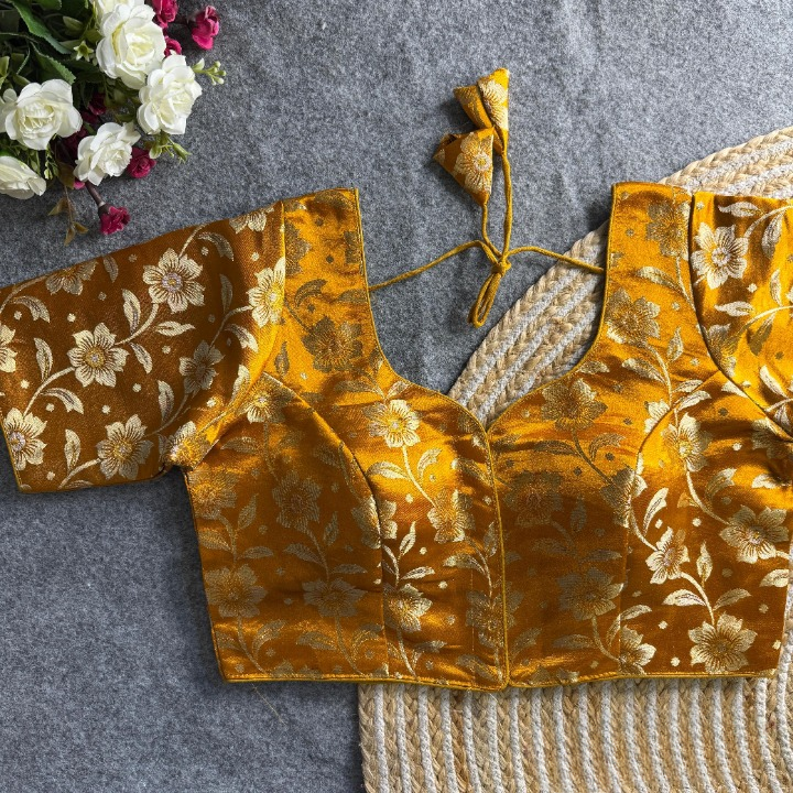 Mustard Yellow Daisy Shimmer Jacquard Silk Designer Blouse