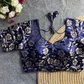 Navy Blue Daisy Shimmer Jacquard Silk Designer Blouse