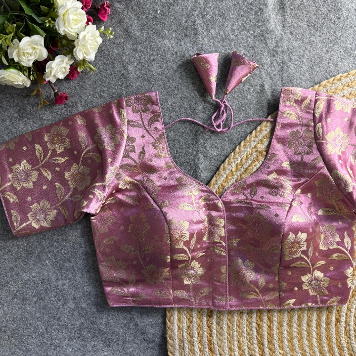 Onion Pink Daisy Shimmer Jacquard Silk Designer Blouse