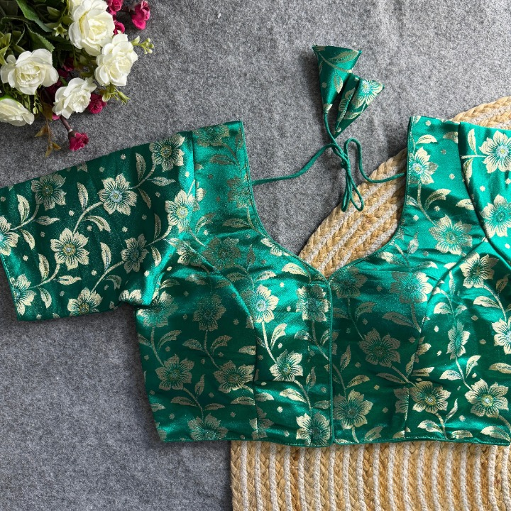 Rama Green Daisy Shimmer Jacquard Silk Designer Blouse