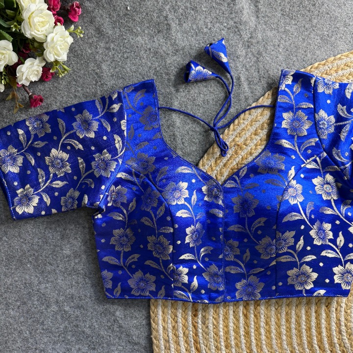 Blue Daisy Shimmer Jacquard Silk Designer Blouse