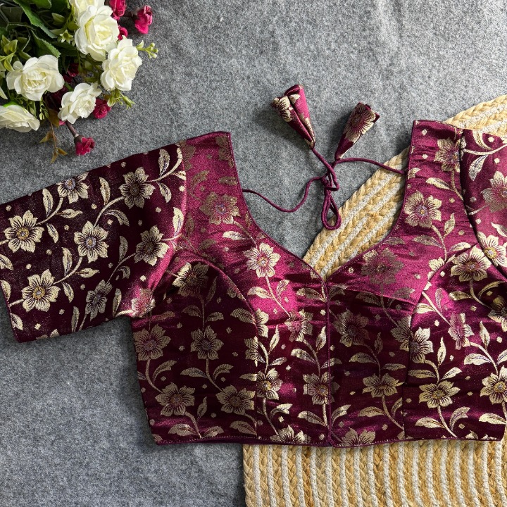 Wine Daisy Shimmer Jacquard Silk Designer Blouse