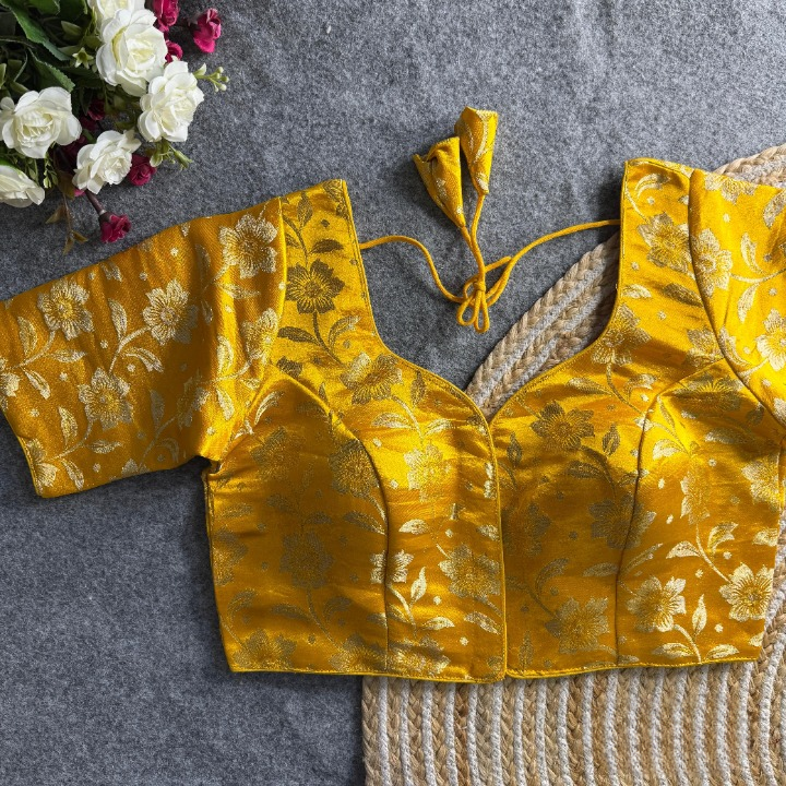 Yellow Daisy Shimmer Jacquard Silk Designer Blouse
