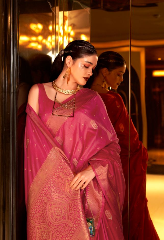 Red Copper Zari Handloom Silk Saree
