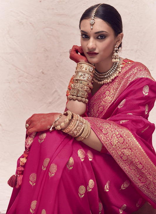 Strawberry Pink Silk Saree With Multicolor Blouse