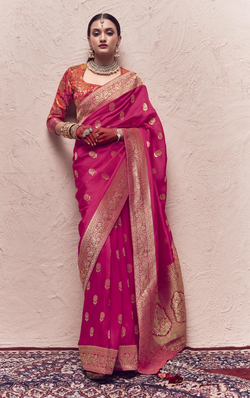 Strawberry Pink Silk Saree With Multicolor Blouse