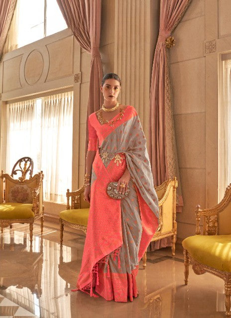 Light Grey & Pink Zari Handloom Silk Saree