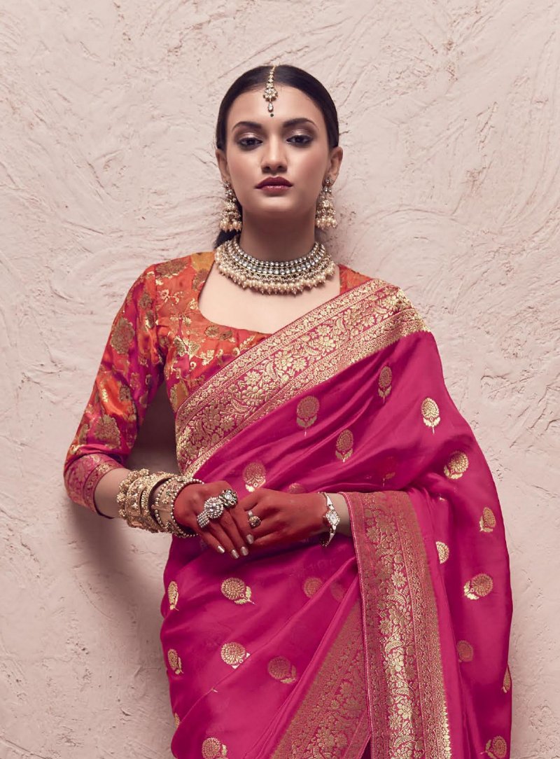 Strawberry Pink Silk Saree With Multicolor Blouse
