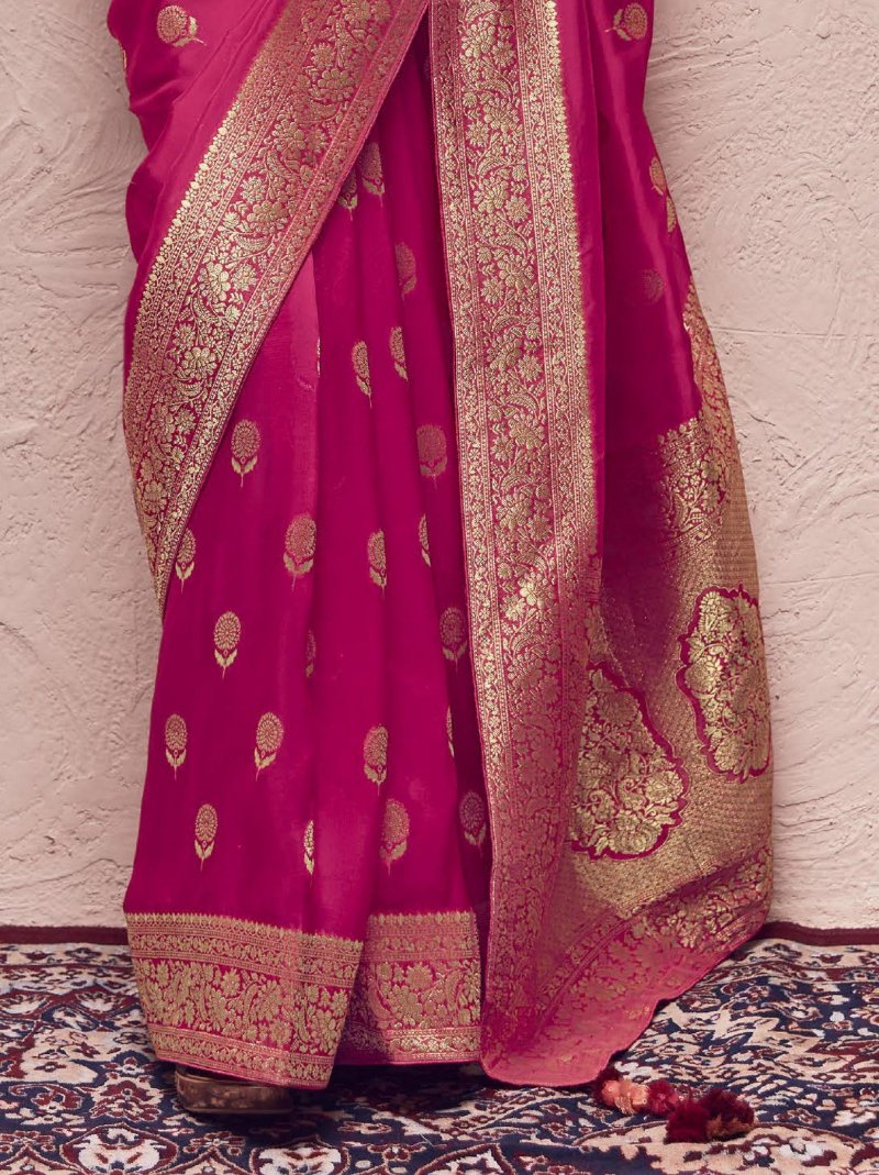 Strawberry Pink Silk Saree With Multicolor Blouse
