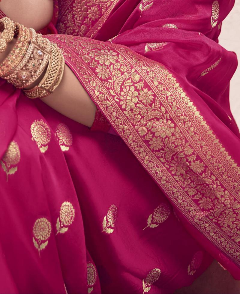 Strawberry Pink Silk Saree With Multicolor Blouse