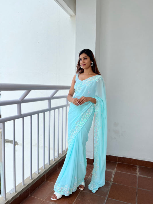 Pale Sky Blue Sequined Georgette Saree