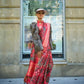 Red Floral Printed Satin & Organza Blend Silk Saree