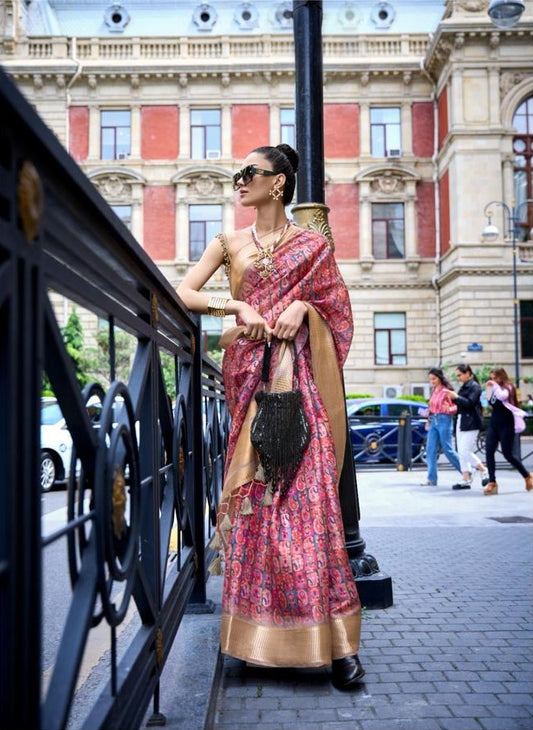 Golden Red Floral Printed Satin & Organza Blend Silk Saree