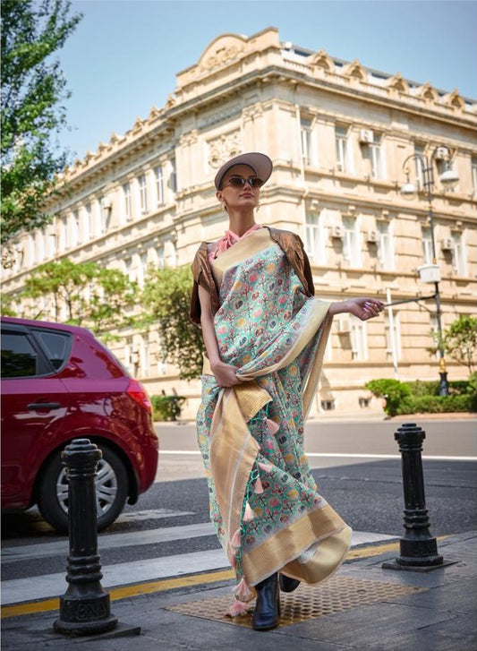 Green Floral Printed Satin & Organza Blend Silk Saree