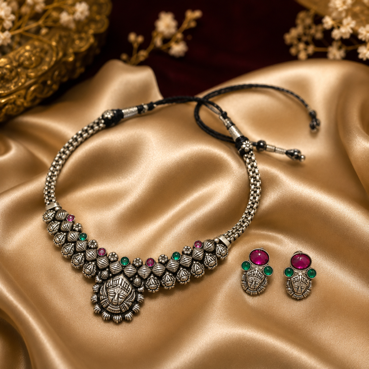 Kolhapuri Thushi Oxidised Necklace Set with Earrings