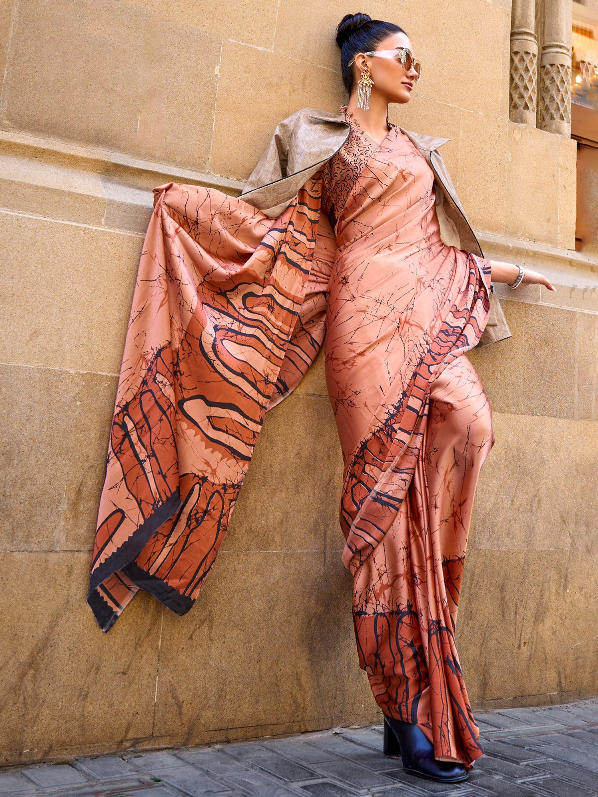 Orange Printed Satin Crepe Silk Saree