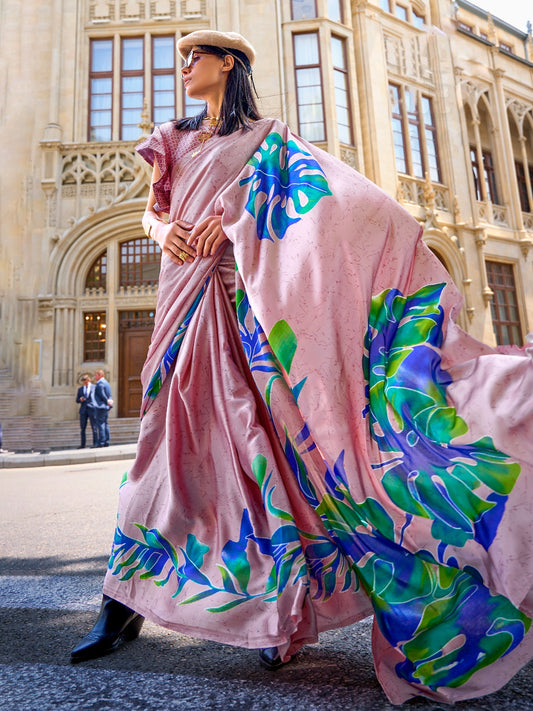 Light Pink Printed Satin Crepe Silk Saree