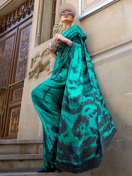 Green Printed Satin Crepe Silk Saree