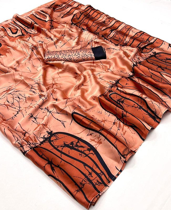 Latte Brown Abstract Printed Satin Crepe Silk Statement Saree