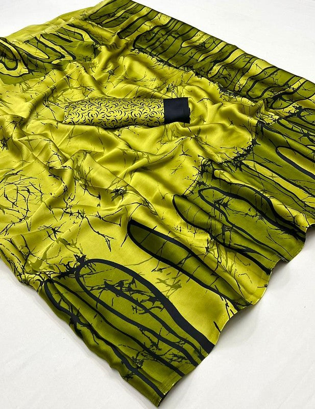 Bright Olive Green Abstract Printed Satin Crepe Silk Statement Saree