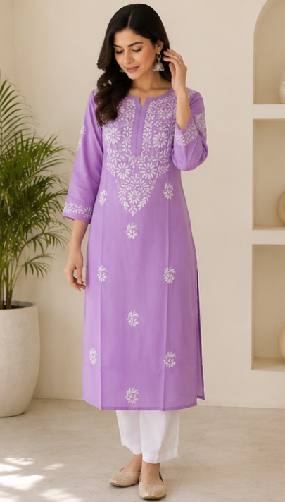 Zaarah Lavendar Handcrafted Soft Modal Cotton Chikankari Kurti