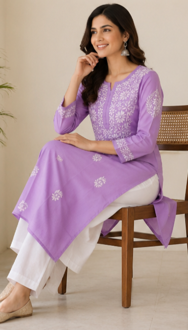 Zaarah Lavendar Handcrafted Soft Modal Cotton Chikankari Kurti