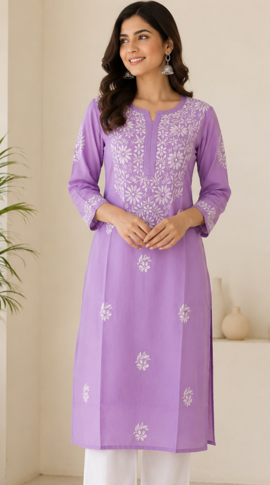 Zaarah Lavendar Handcrafted Soft Modal Cotton Chikankari Kurti