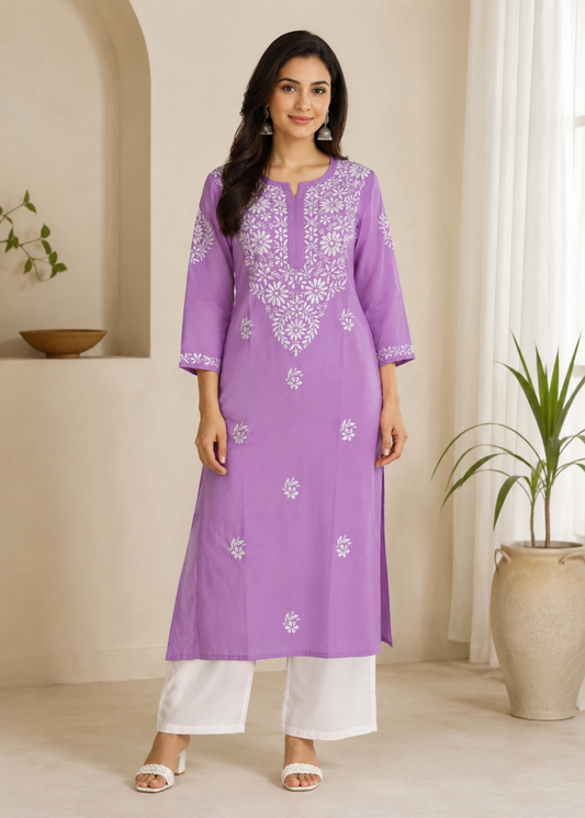 Zaarah Lavendar Handcrafted Soft Modal Cotton Chikankari Kurti