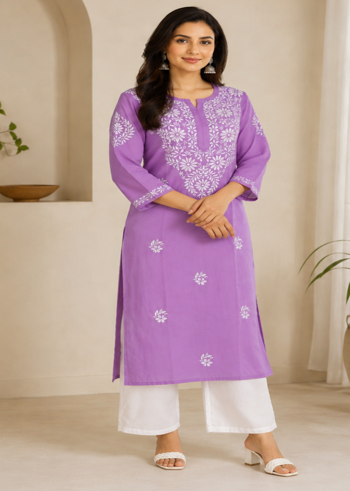 Zaarah Lavendar Handcrafted Soft Modal Cotton Chikankari Kurti