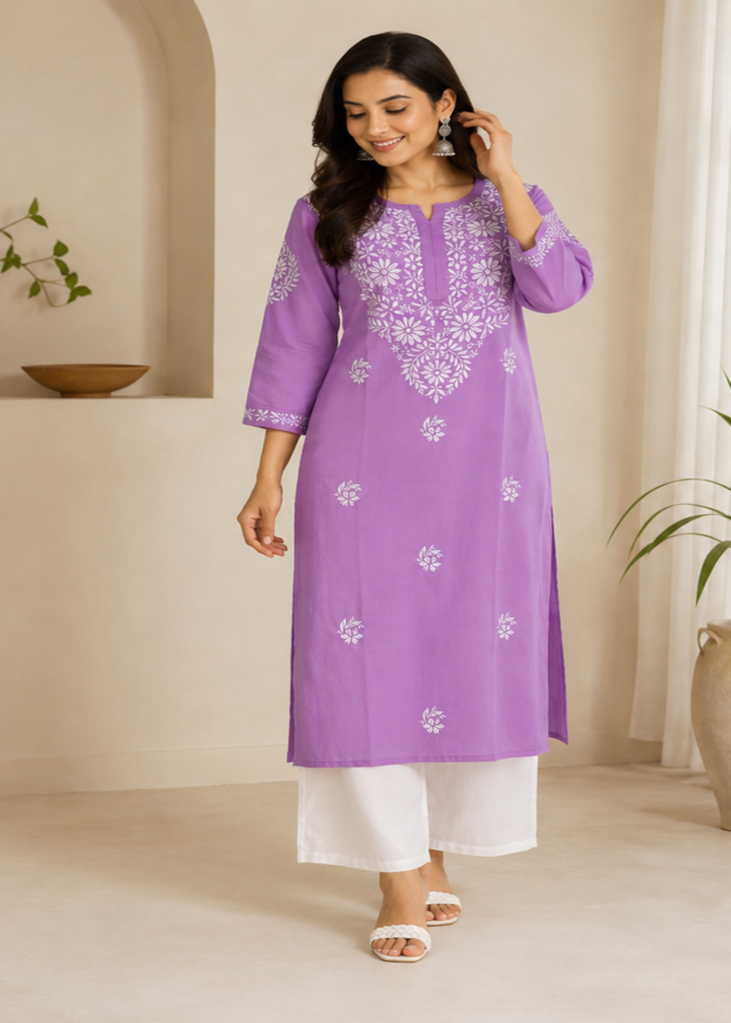 Zaarah Lavendar Handcrafted Soft Modal Cotton Chikankari Kurti