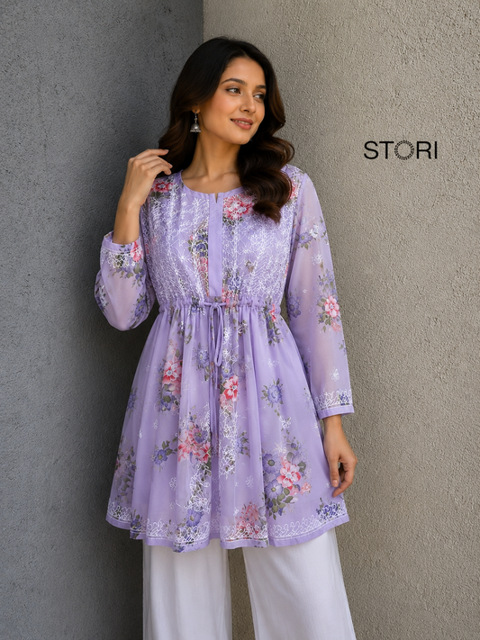 Lavender Printed Floral Georgette Short Chikankari Kurti With Dori