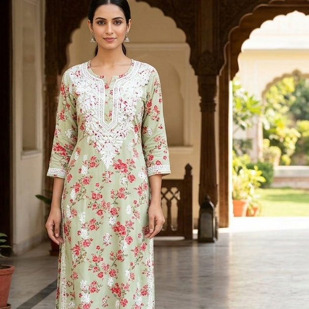 Light Pista Green Floral Printed Soft Rayon Chikankari Kurti