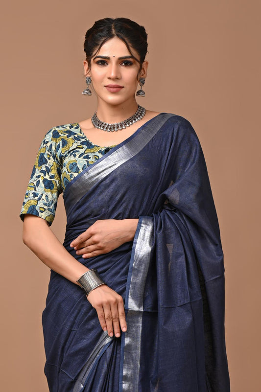 Navy Blue Linen Saree With Extra Ajrakh Printed Blouse