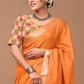 Kesari Orange Linen Saree With Extra Ajrakh Printed Blouse