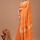 Kesari Orange Linen Saree With Extra Ajrakh Printed Blouse