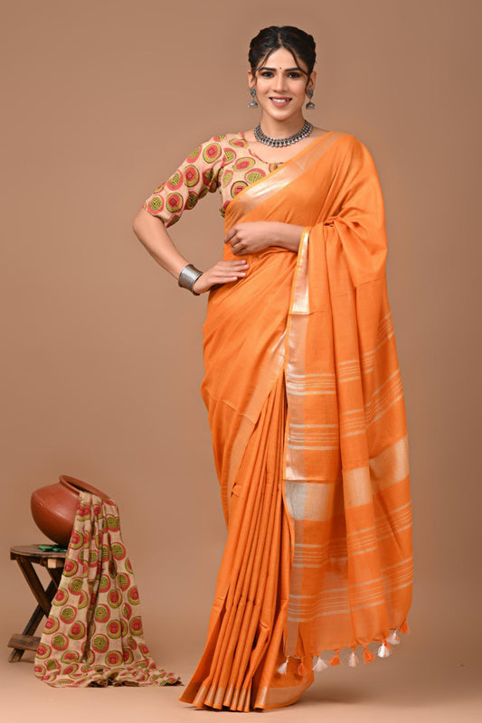 Kesari Orange Linen Saree With Extra Ajrakh Printed Blouse